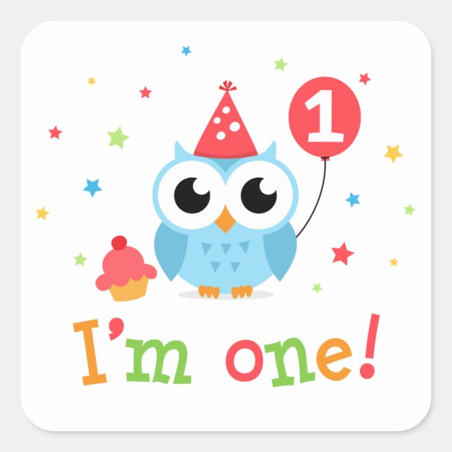 Cute, blue owl with balloon and cupcake I am one Square Sticker (Front)