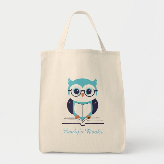 Cute blue owl with book personalised library book tote bag (Front)