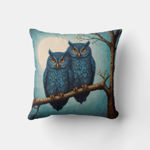 Cute blue Pair of Owls sitting on a branch Cushion
