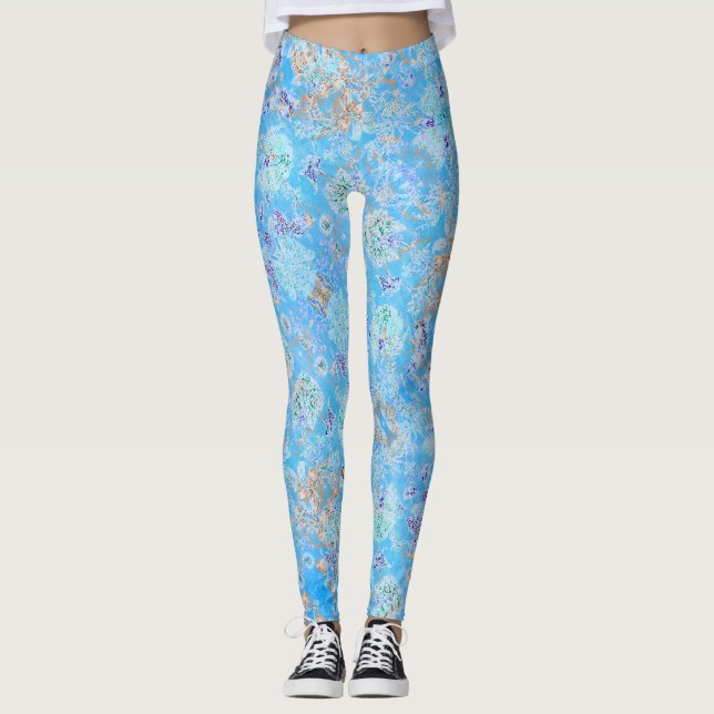 Cute blue pastel floral leggings (Front)