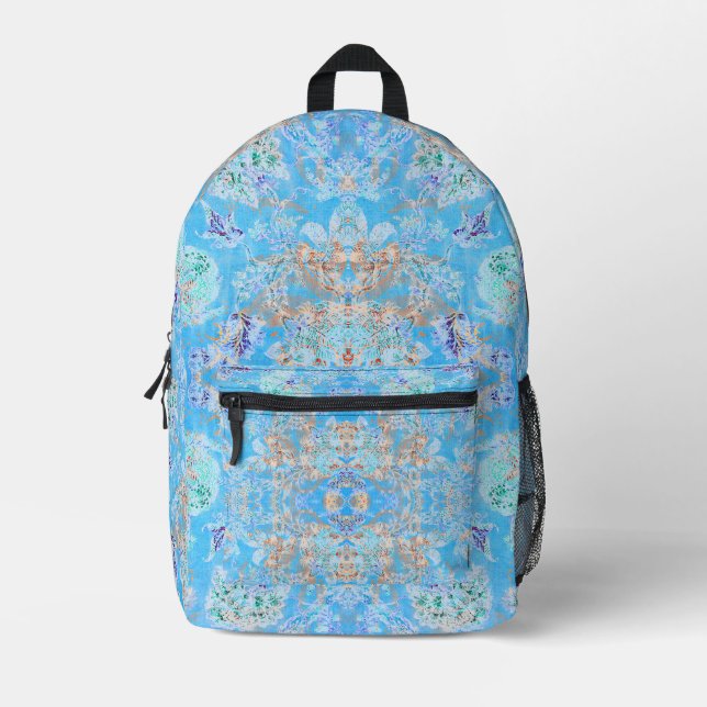 Cute blue pastel floral printed backpack (Front)