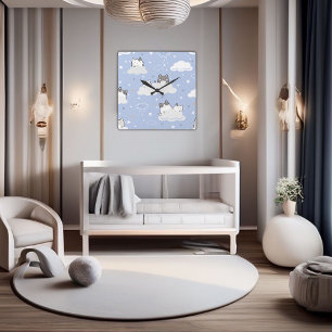 Cute Blue Pattern Kitten Cloud Square Wall Clock