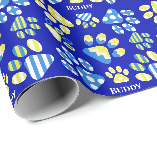 Cute Blue Paws Personalised Dog Wrapping Paper (Roll Corner)