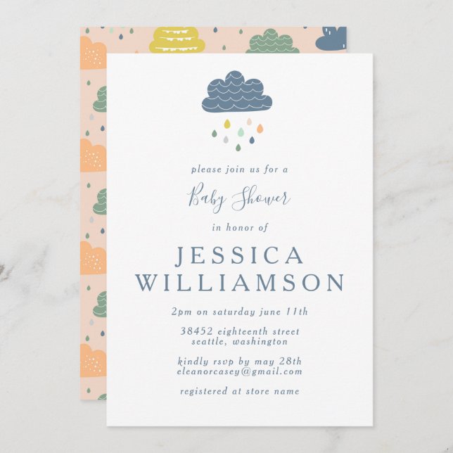 Cute Blue Peach Raindrops Boy Baby Shower Invitation (Front/Back)