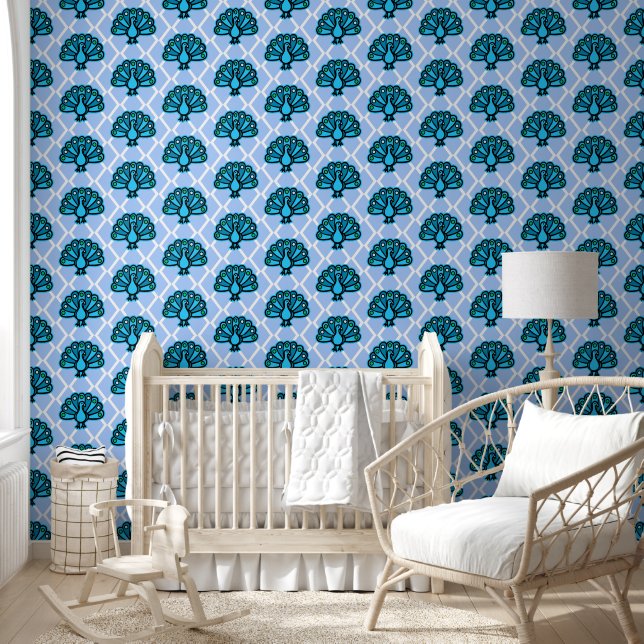 Cute Blue Peacock Repeat Pattern  Wallpaper (Kids)