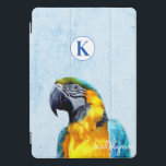 Cute Blue Peek-a-Boo Parrot Photograph Monogram iPad Pro Cover<br><div class="desc">Cute Blue Peek-a-Boo Parrot Photograph Monogram Design. With an adorable Macaw Bird peeking up to say hi! Makes a Fun and adorable gift for Kids, Teens, and adults, for Birthdays Christmas and more. Personalised with your initial letter and name! Monogrammed phone wallet case! ~ Check my shop to see the...</div>