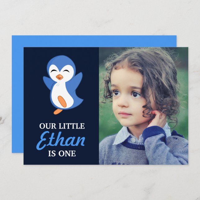 Cute Blue Penguin Baby Boy First Birthday Party Invitation (Front/Back)