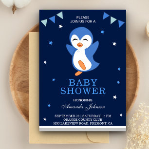 Cute Blue Penguin Baby Shower Invitation