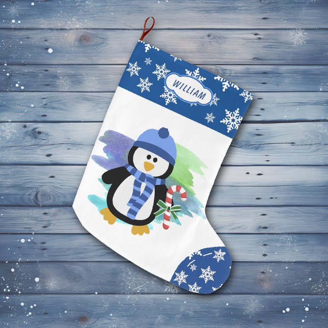 Cute Blue Penguin Candy Cane Large Christmas Stocking (Creator Uploaded)