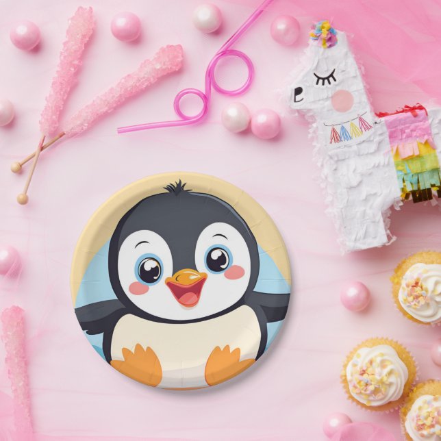 Cute blue penguin Face zoo ice Birthday Party Paper Plate (Party)