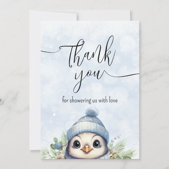 Cute Blue Penguin Winter Snow Thank You Card (Front)