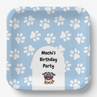 Cute Blue Pet Pug Birthday Party Paper Plate
