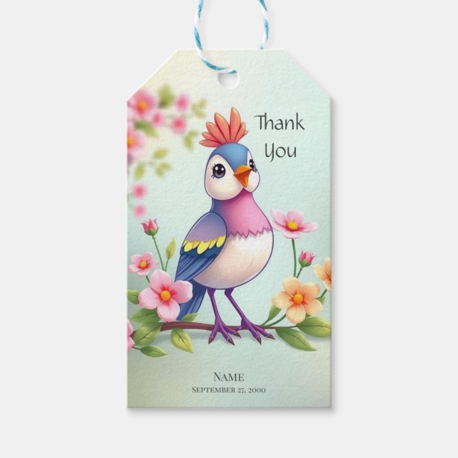Cute Blue Pink Bird Floral Gift Tag (Front)