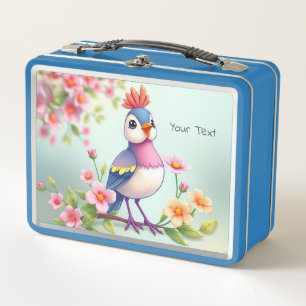 Cute Blue Pink Bird Floral Metal Lunch Box