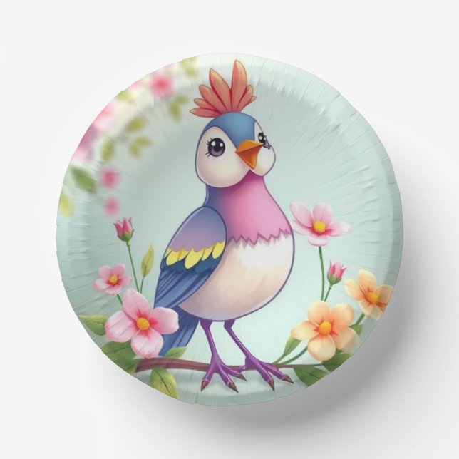 Cute Blue Pink Bird Floral Paper Bowl Plate (Front)