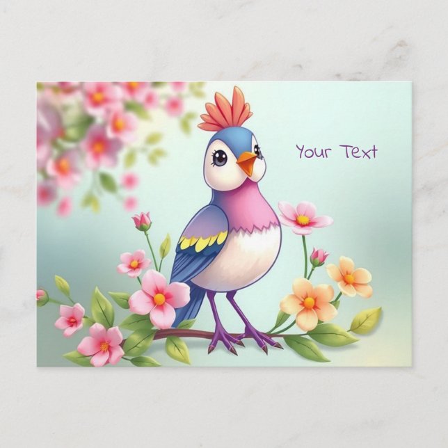 Cute Blue Pink Bird Floral Postcard (Front)