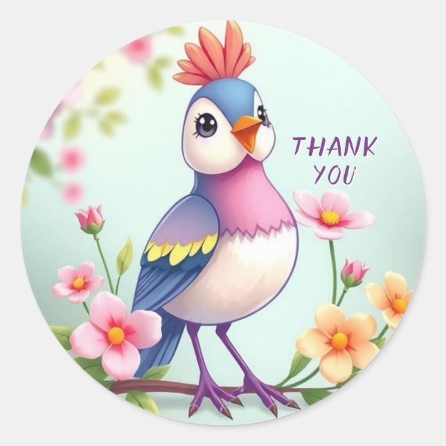 Cute Blue Pink Bird Floral Sticker (Front)