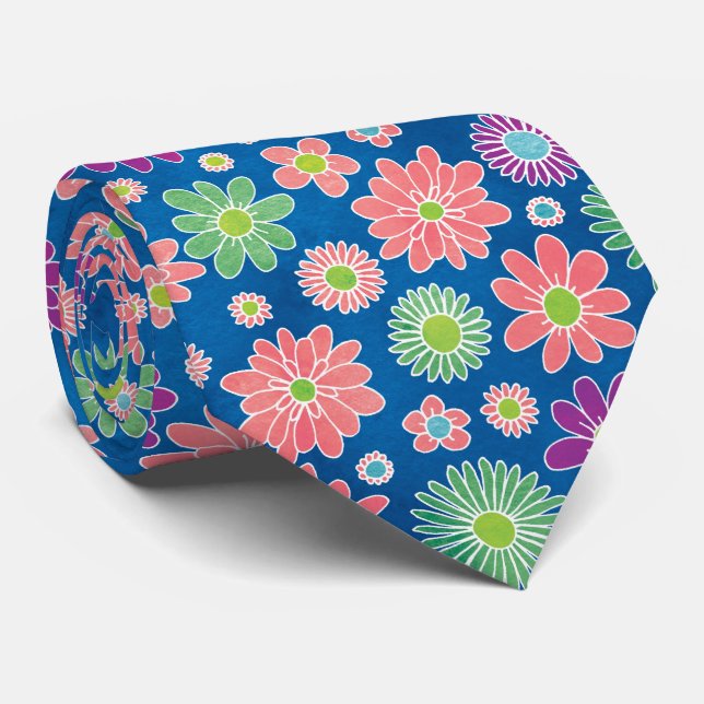 Cute Blue Pink Daisies Floral Pattern Tie (Rolled)