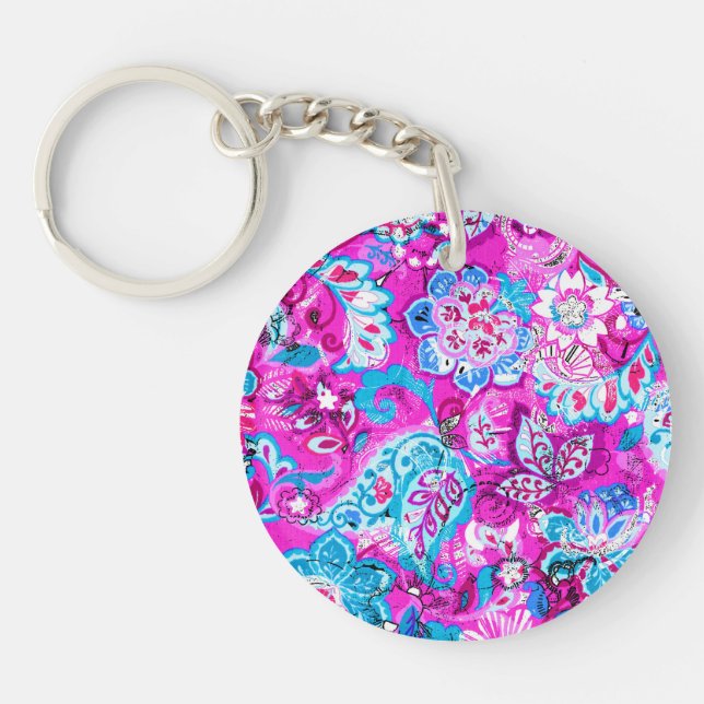 Cute blue pink flowers patterns key ring (Front)