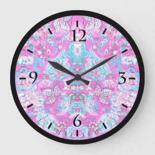 Cute blue pink flowers patterns large clock