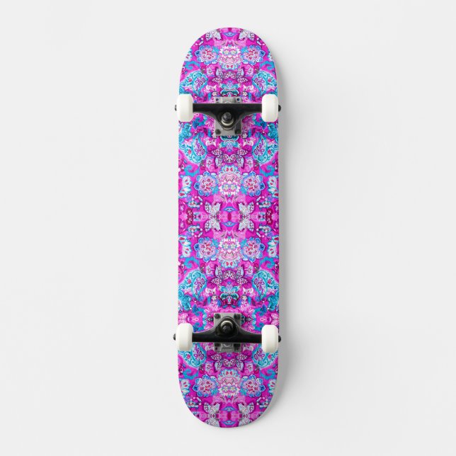 Cute blue pink flowers patterns skateboard (Front)