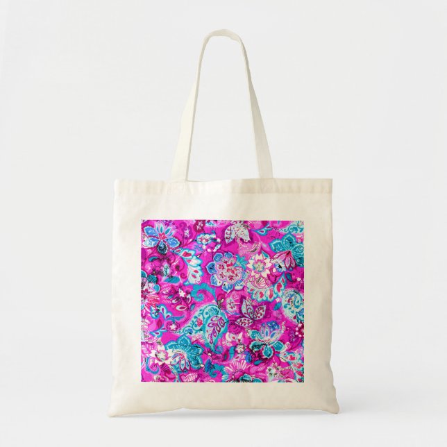 Cute blue pink flowers patterns tote bag (Front)