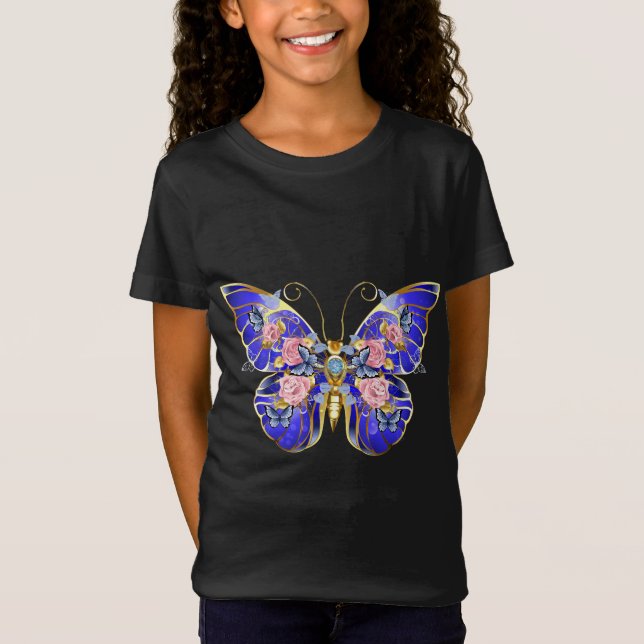 Cute Blue Pink Gold Butterfly Floral Name Birthday T-Shirt (Front)