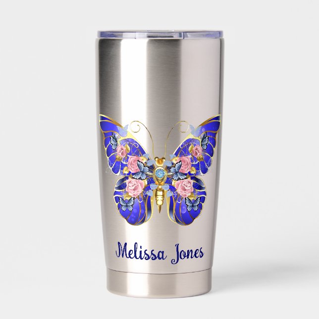 Cute Blue Pink Gold Butterfly Floral Name Insulated Tumbler (Front)