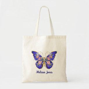 Cute Blue Pink Gold Butterfly Floral Name Tote Bag