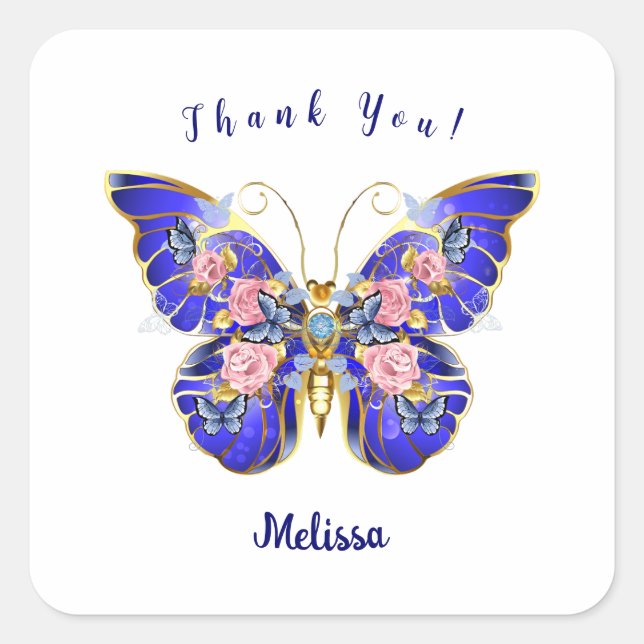 Cute Blue Pink Gold Butterfly Floral Thank You Square Sticker (Front)