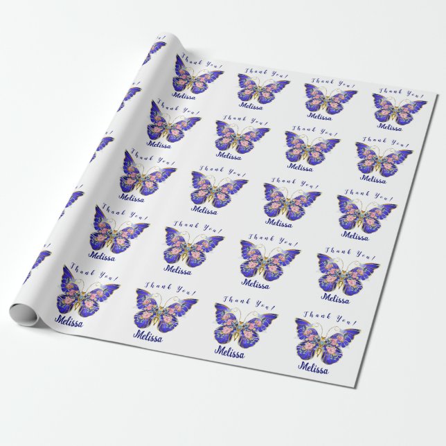 Cute Blue Pink Gold Butterfly Floral Thank You Wrapping Paper (Unrolled)