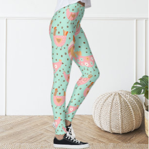 Cute Blue Pink Hen Chicken Floral Leggings