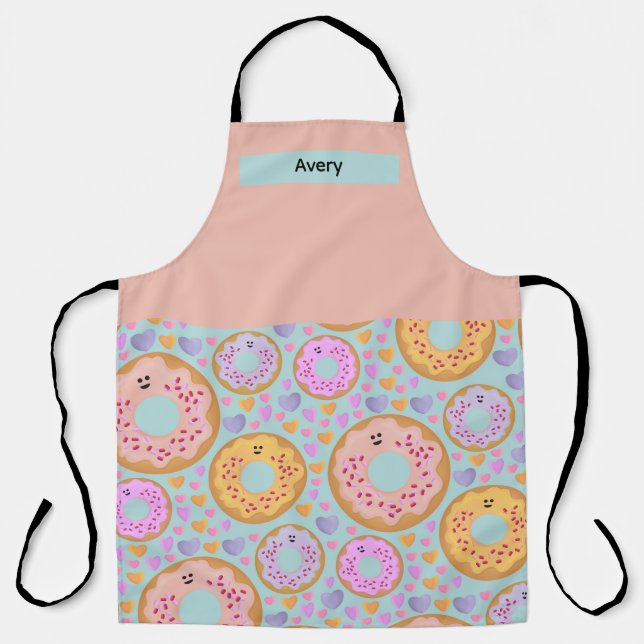 Cute Blue Pink Pastel Donuts & Hearts Apron (Front)