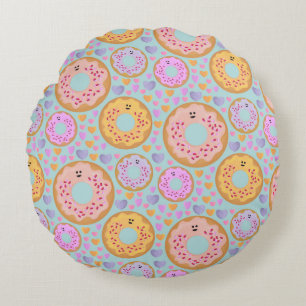 Cute Blue Pink Pastel Donuts & Hearts Round Cushion