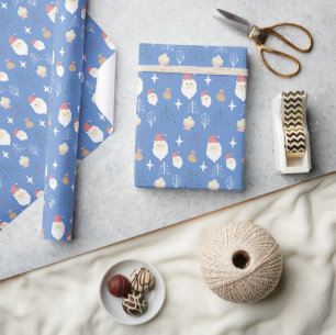 Cute Blue Pink Santa Holiday Pattern Wrapping Paper