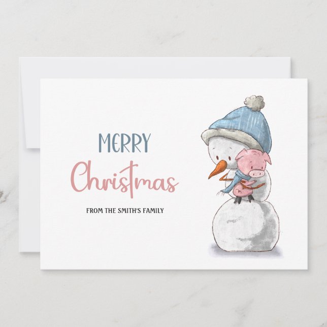 Cute Blue Pink Snowman Pig Christmas Holiday Card (Front)