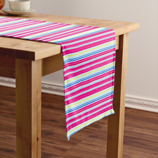 Cute blue pink stripes short table runner (In Situ)