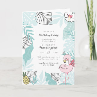 Cute Blue & Pink Tropical Summer Birthday Party Invitation