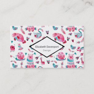 Cute Blue & Pink Watercolor Animal Pattern Business Card
