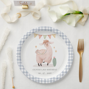 Cute Blue Plaid Cactus Boho Llama Any Age Birthday Paper Plate