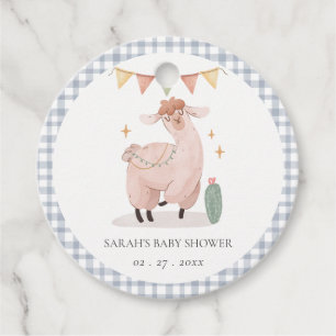 Cute Blue Plaid Cactus Boho Llama Baby Shower Favour Tags