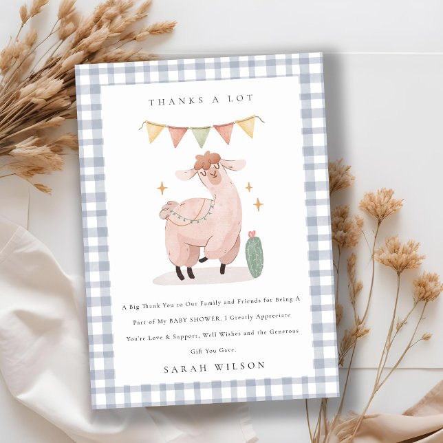 Cute Blue Plaid Cactus Boho Llama Baby Shower Thank You Card (Creator Uploaded)