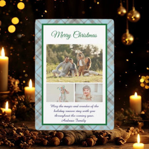 Cute Blue Plaid Portrait Photo Christmas Holiday Card