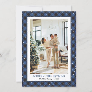 Cute Blue Plaid Snow Photo Merry Christmas Card