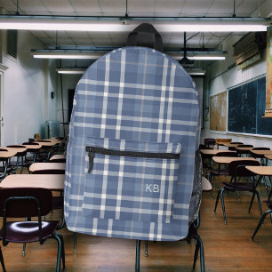 Cute Blue Plaid Tartan Check Monogram Initials Printed Backpack