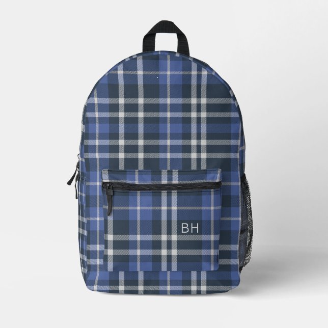 Cute Blue Plaid Tartan Check Monogram Initials Printed Backpack (Front)