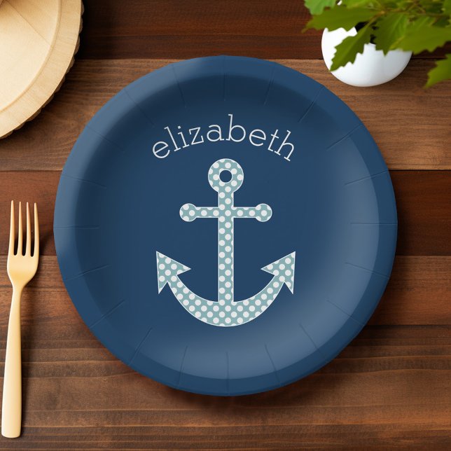 Cute Blue Polka Dot Anchor with Navy Custom Name Paper Plate (Custom Party Plates)