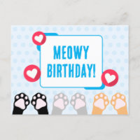 Cute Blue Polka Dot Cat Paws Up Happy Birthday