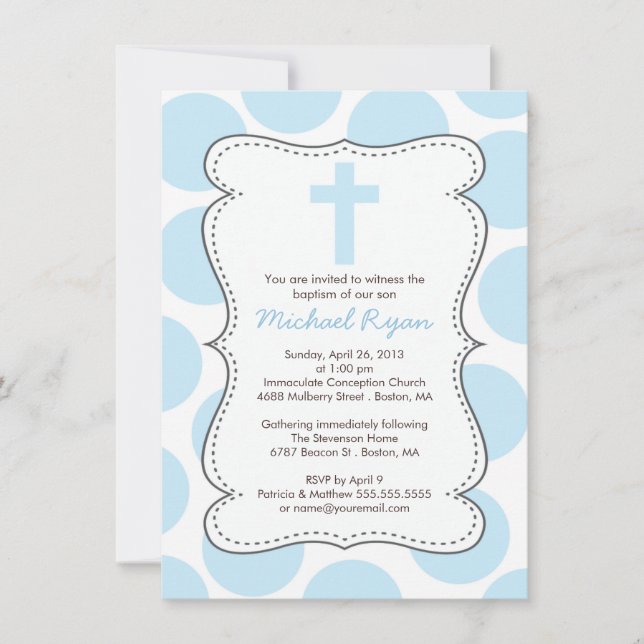 Cute Blue Polka Dots Cross Baptism Invitation (Front)
