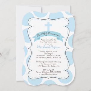 Cute Blue Polka Dots Cross Communion Invitation